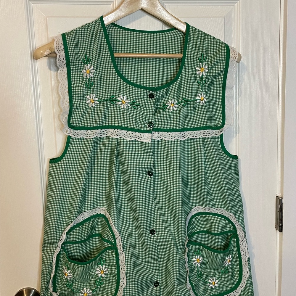 VTG Mexican apron mandril green gingham w/ white daisies & ruffles sz OS (L?) - Picture 5 of 6